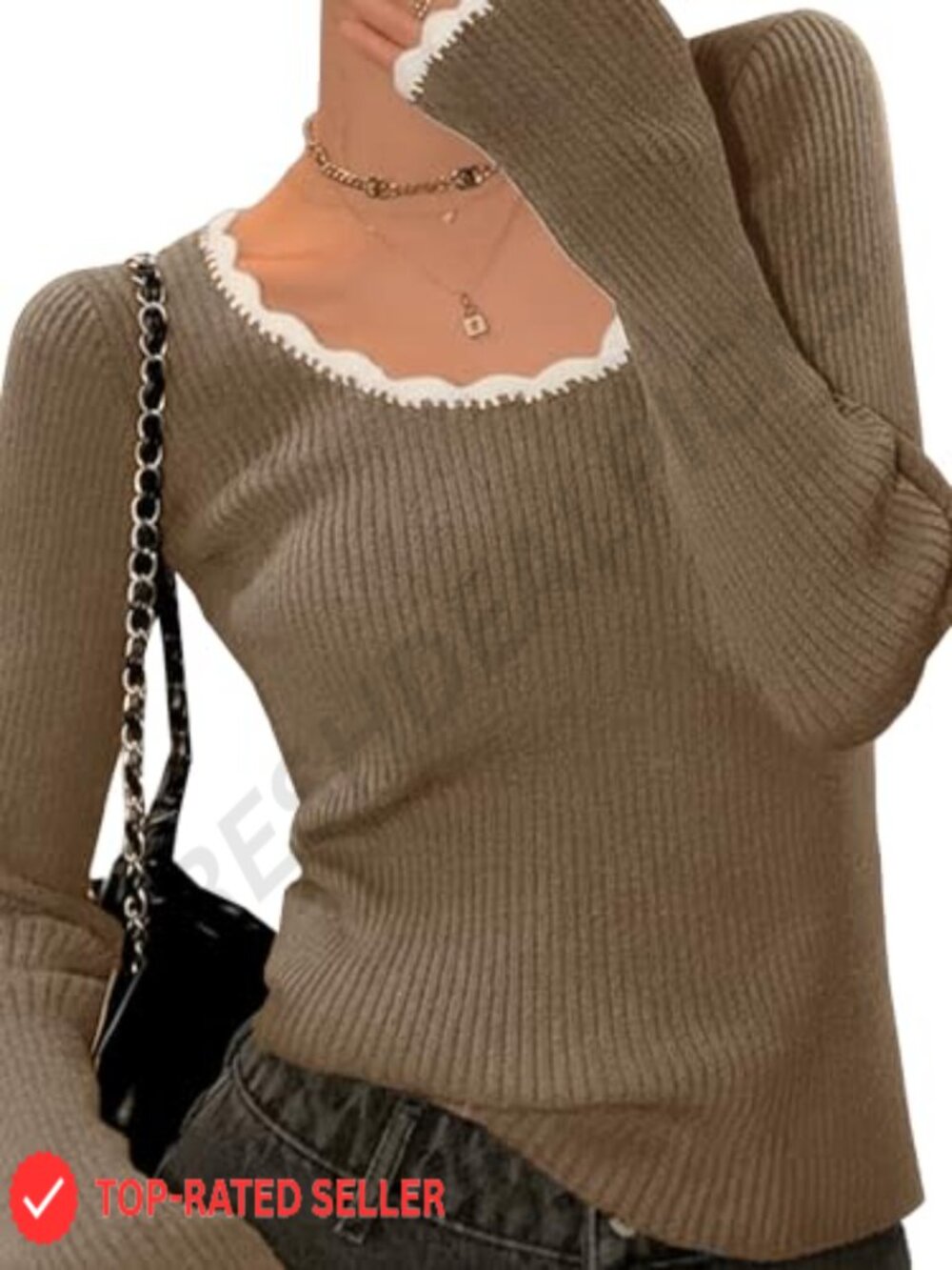 Womens Ribbed Knit Slim Fit Long Sleeve Sweater Ruffle Cuff Crop Top